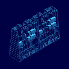 Blue image of a bookcase with many books on it. The books are arranged in rows and the shelves are tall. Concept of organization and order, as well as a love of reading