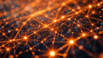 Fototapete - Bright nodes connected by intricate lines create an impressive display against a dark background, showcasing the beauty of a digital network. This visual highlights connectivity and technology