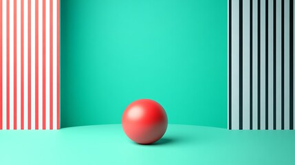 Poster - bright red sphere on turquoise surface between vertical striped walls in modern abstract space
