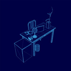 Poster - Blue computer desk with a chair and a vase of flowers on it. The desk is cluttered with books, a laptop, and a mouse
