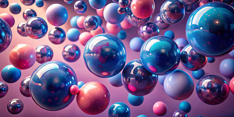 Poster - A vibrant assortment of spheres in different sizes and colors floats in a dreamlike setting. The glossy surfaces reflect light, creating an ethereal atmosphere