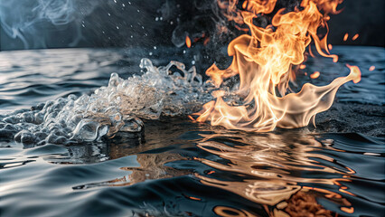 Poster - Flames leap above the surface of a body of water, creating an extraordinary contrast between fire and liquid. The chaotic movement showcases nature's power and beauty