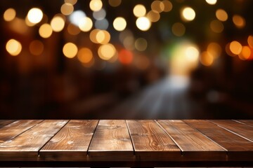Poster - Wooden table top with blurred cafe lights creating a warm and inviting atmosphere