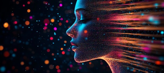 Poster - Digital Woman Profile, Particles Flowing, Artificial Intelligence, Deep Learning, Futuristic Art