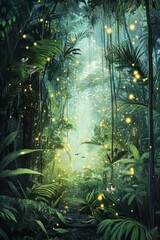 Poster - Luminous insects float in dense green jungle scene.