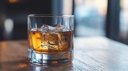 Poster - Refreshing whiskey on the rocks in a glass on wooden bar surface with warm ambient light : Generative AI