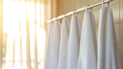 Leinwandbilder - Row of White Towel Hanging Neatly in Sunlit Modern Bathroom : Generative AI
