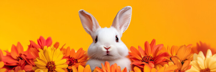 Wall Mural - A cute selfie of a curious baby bunny with soft white fur, nestled among colorful spring flowers, giving a sweet and innocent look,