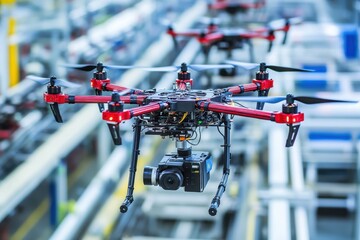 Poster - Advanced industrial drone equipped with camera navigates modern manufacturing facility
