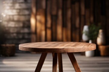 Poster - Round wooden table presenting products with a blurred rustic background, ideal for showcasing items in a warm and inviting setting