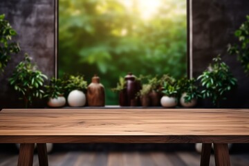 Poster - Wooden table with blurred green garden background providing relaxing and natural atmosphere