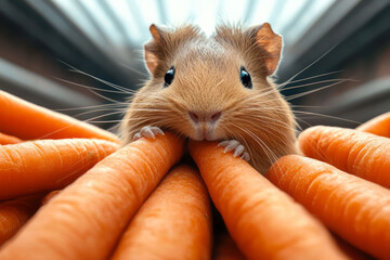 Wall Mural - A cute selfie of a guinea pig nibbling on a piece of fresh vegetable, captured in a bright and cheerful cage setting,