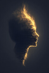 Poster - An elegant digital artwork depicting a mystical head made from stacked books, with glowing pages forming intricate patterns and a soft, ethereal glow surrounding it,