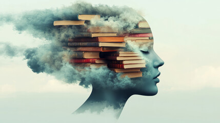 Poster - A creative illustration of a human head morphing into a cascade of books, with each book representing different thoughts and ideas, set against a dynamic abstract background,