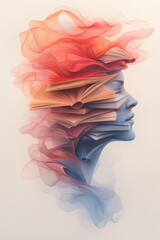 Poster - A mesmerizing abstract surreal portrait of a head composed of books with pages flowing like hair, surrounded by swirling colors and ethereal light beams,