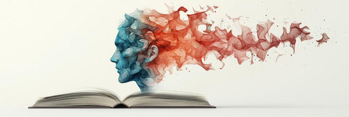 Poster - A creative illustration of a head emerging from an open book, with pages transforming into abstract shapes and vibrant colors blending into the background,
