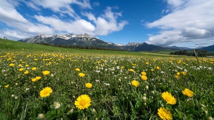Poster - Scenic View of Blooming Dandelions in Meadow with SnowCapped Mountain Background : Generative AI