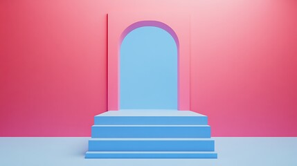 Poster - Colorful Minimalist Scene with Blue Arch, Steps, and Pink Background for Creative Visuals and Design Concepts