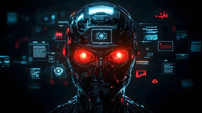 Futuristic Robot Head Displays Digital Information Interfaces