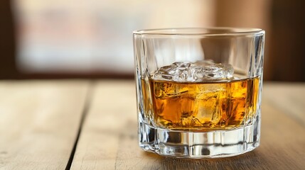 Poster - Close up of whiskey glass with ice cubes on rustic wooden table background : Generative AI