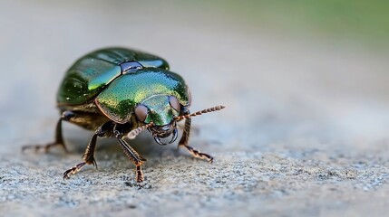 Poster - Closeup of a Shiny Green Beetle on Stone Offering a Glimpse into Nature's Intricate Details and Insect Diversity : Generative AI
