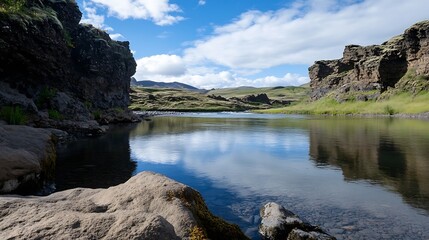 Poster - Pristine Mountain River Flowing Through Rocky Cliffs Under Clear Sky : Generative AI