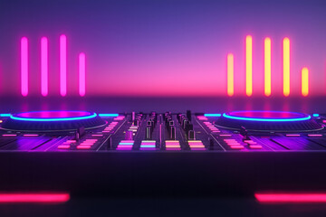 Poster - A dynamic image of a DJ setup with turntables, mixers, and vibrant LED lights, capturing the modern and energetic essence of electronic music performances,
