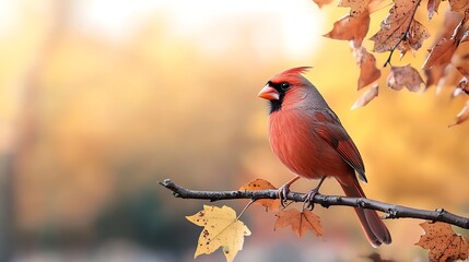 Wall Mural - Northern Cardinal perched on branch, autumn leaves, blurred background; nature scene