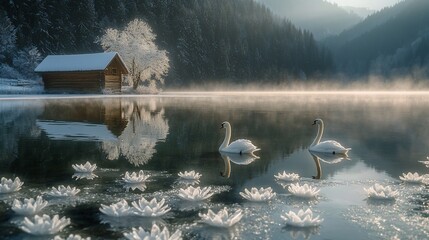 Wall Mural - Two swans on a serene winter lake with frost flowers and a cabin.