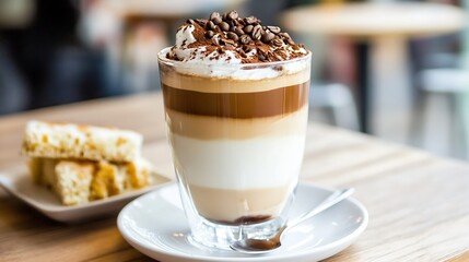 Aufkleber - Delicious Layered Cappuccino in Glass Mug Topped with Whipped Cream and Coffee Beans at Cozy Café : Generative AI