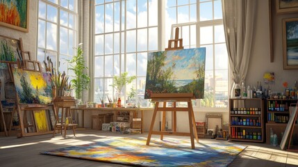 Wall Mural - Sunlit artist's studio, painting easel, city view, creative space