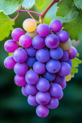 Fototapete - A vibrant close-up photograph of a bunch of juicy grapes hanging on a lush green vine, captured with soft natural lighting to highlight their rich colors and textures,