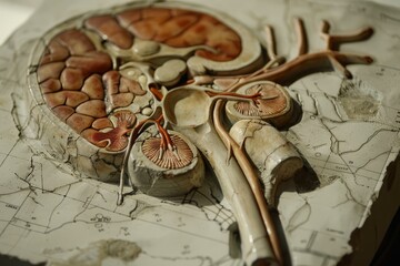 Poster - Anatomical model of human brain showing internal organs and arteries