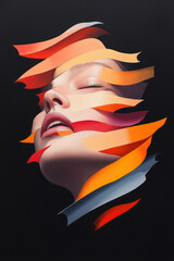 Poster - An abstract portrait of a person with multiple, overlapping faces and vivid colors, representing the fragmented and vivid nature of hallucinations,