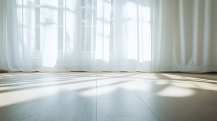 Aufkleber - Soft Sunlight Through White Curtains Casting Shadows on Wooden Floor : Generative AI
