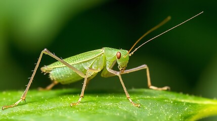 Poster - Close up of a green katydid insect perched on a fresh leaf in a natural setting : Generative AI