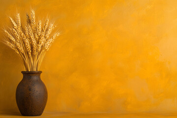 Poster - An artistic studio photograph of golden wheat arranged in a minimalist vase, with soft lighting highlighting the natural textures and colors,