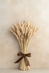 Poster - A creative studio setup featuring a bundle of fresh wheat tied with a rustic ribbon, placed on a modern geometric table with a neutral backdrop,