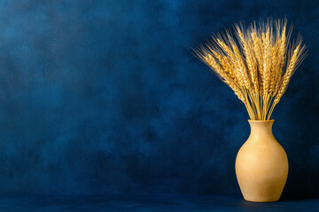 Poster - An artistic studio photograph of golden wheat arranged in a minimalist vase, with soft lighting highlighting the natural textures and colors,