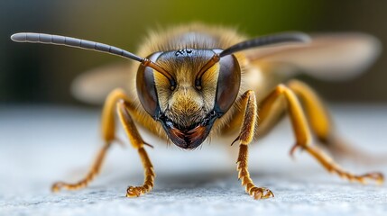 Poster - Detailed Macro Shot of a Yellow Furry Bee with Large Compound Eyes : Generative AI