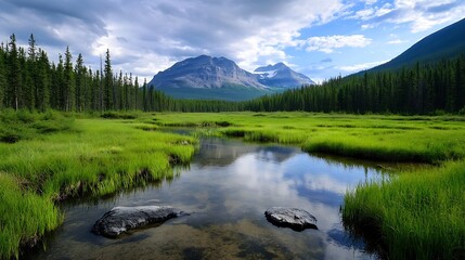 Poster - Scenic Alpine Landscape with Mountain Range and Reflection in Tranquil Stream : Generative AI