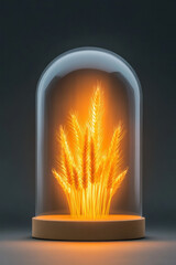 Poster - A minimalist studio shot of wheat placed inside a glass dome, with soft lighting creating a glowing effect around the grains,