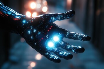 Poster - Robotic hand showcasing futuristic technology in a dimly lit urban setting at night