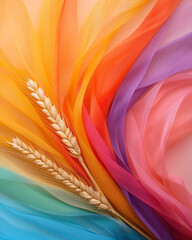 Poster - A vibrant studio composition featuring wheat intertwined with colorful ribbons, adding a festive and dynamic element to the scene,