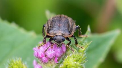Aufkleber - Macro of Brown Beetle with Striking Purple Flowers in Green Garden Setting : Generative AI