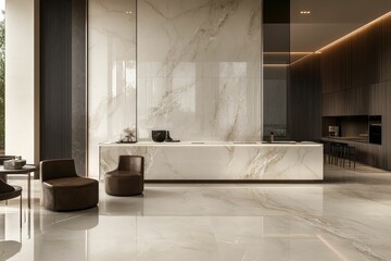 Wall Mural - Modern interior with stone walls, glossy floors, dark furniture.