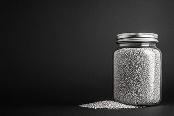 Poster - A minimalist black and white photograph of millet grains piled neatly in a glass jar, focusing on the contrast and simplicity of the composition,