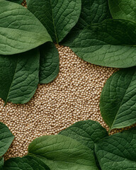 Poster - A peaceful photograph of quinoa grains spread out on a bed of green leaves, symbolizing health, sustainability, and the natural origin of the food,