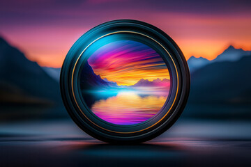 Poster - A close-up shot of a camera lens capturing a vibrant sunset over the mountains, with colorful rays reflecting on the glass, creating a mesmerizing bokeh effect,