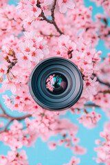 Poster - A detailed close-up of a DSLR camera lens focusing on a blooming cherry blossom tree, with soft pink petals creating a dreamy background blur,